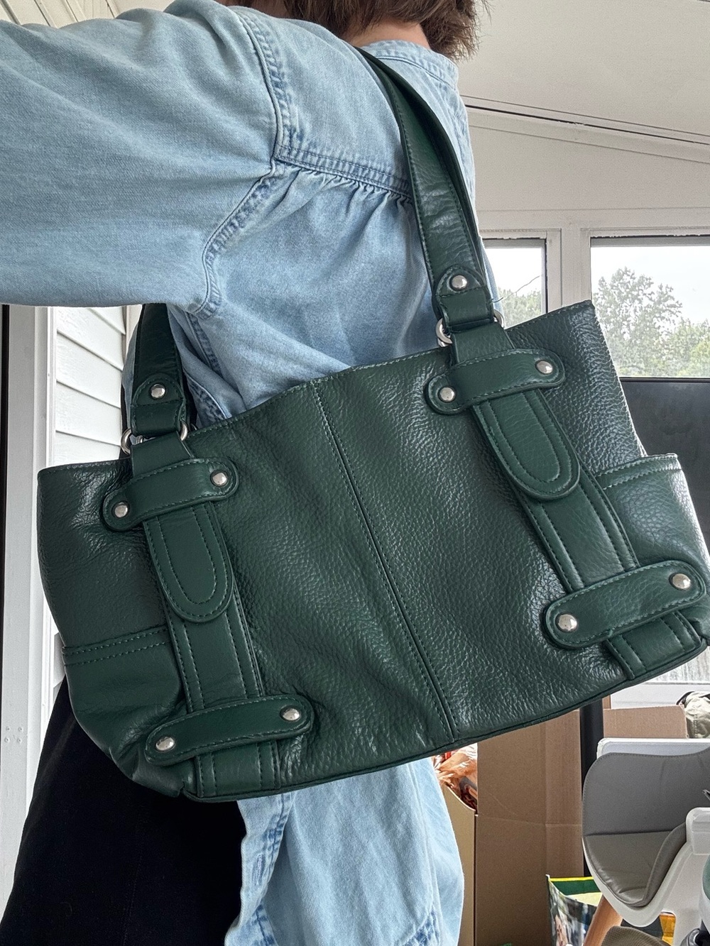 Structured Dark Green Leather Shoulder Bag for Women